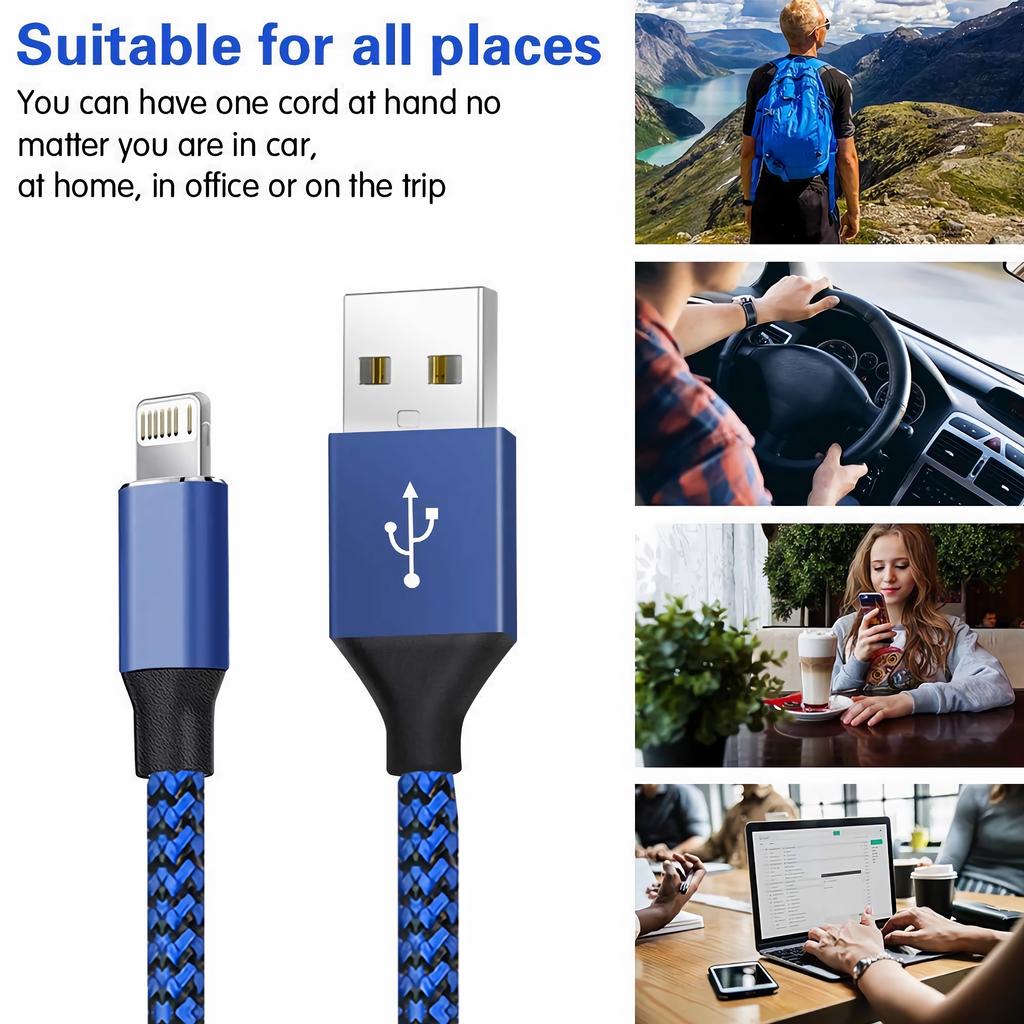 Fast Charge Braiding Cable, 8.86ft Super Long Charging Cable, Blue and Black Woven Outer Quilt, Suitable for Charging for IPhone 5-15 Mobile Phones.