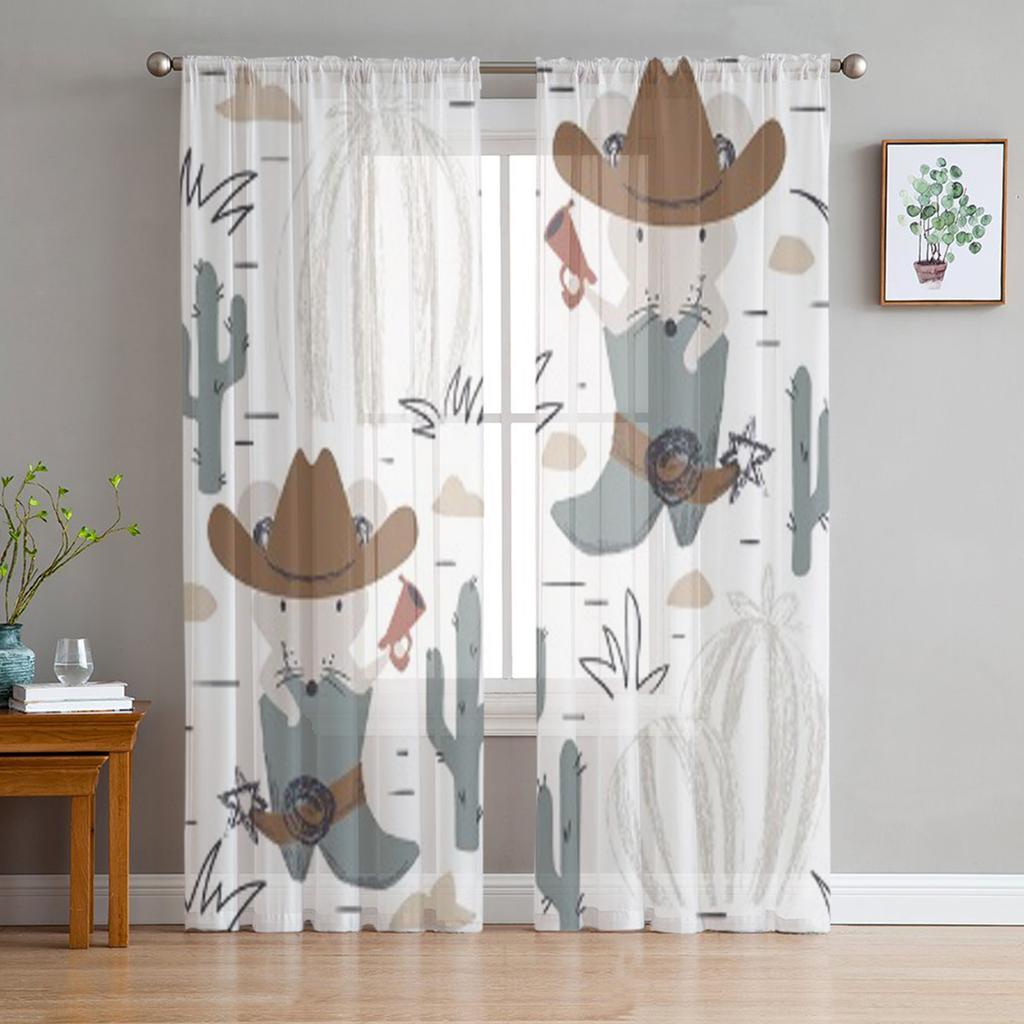 Satz von Mustern mit Cowboys und Eulen Chiffon Transparente Vorhänge für Wohnzimmer Schlafzimmer Dekoration Fenster Voiles Tüllvorhang