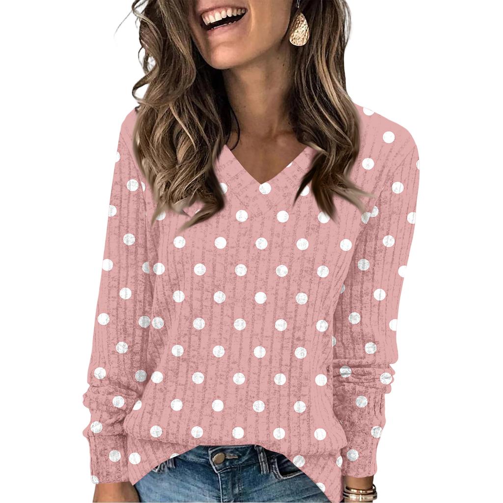 Women's Fashionable Oversized V-Neck T-Shirt With Polka Dot Print Long-Sleeved Pullover Top