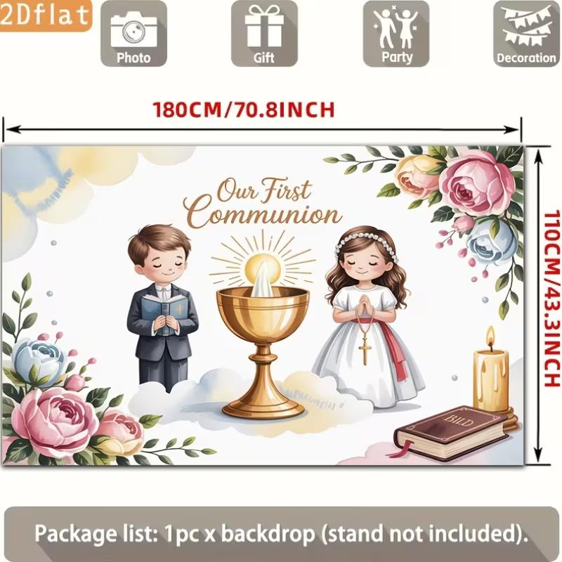 2D First Communion Backdrop, Boy and Girl Chalice & Bible Photo Booth Background Banner