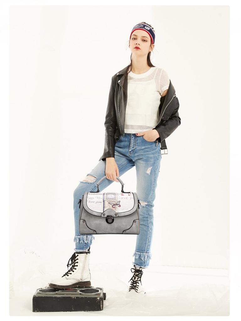 NICOLE & DORIS Retro-Style Women's Waterproof PU Leather Handbag, 2-Way ShoulderCrossbody Bag, Small, with Printed Design, Stands Up, and Studs,