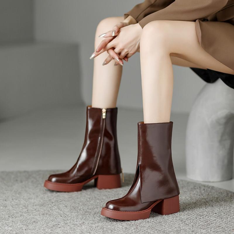 Fashion NEW Autumn Women Boots Split Leather Shoes for Women Round Toe Chunky Heel Shoes Zipper Pants Boots Casual Platform Modern Boots