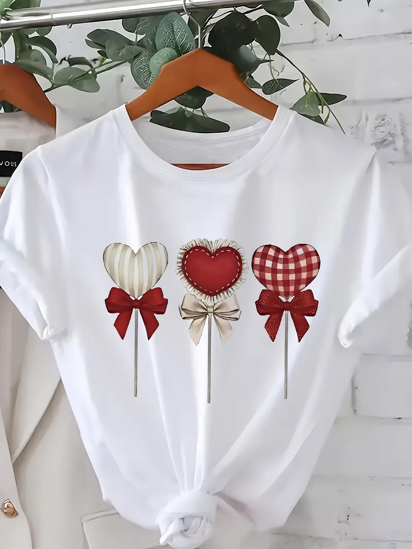 

European size - Women S Round Neck Short Sleeve Heart Lollipop Design T-Shirt | Casual Comfortable, Perfect for Spring and Summer S белый