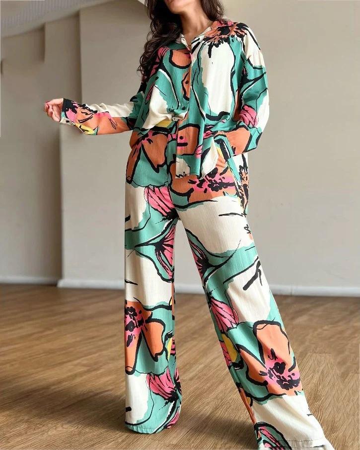 Cross-border Europe, America 2025 New Temperament Women's Clothing Large Size Printed Commuter Shirt High Waist Wide Leg Pants Spot Set