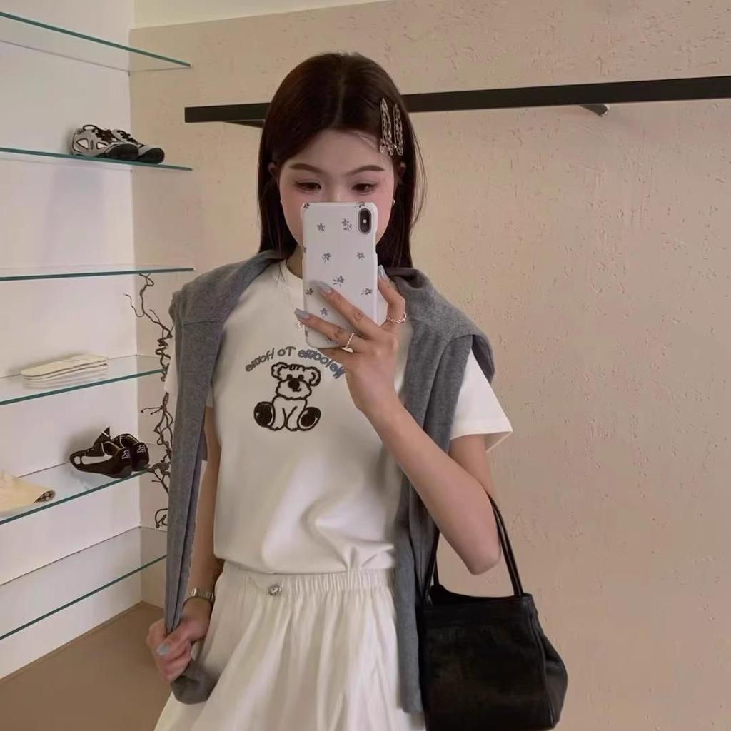 Spring/Summer 2025 Korean Cartoon Bear Embroidered Loose Short Sleeve T-Shirt for Women