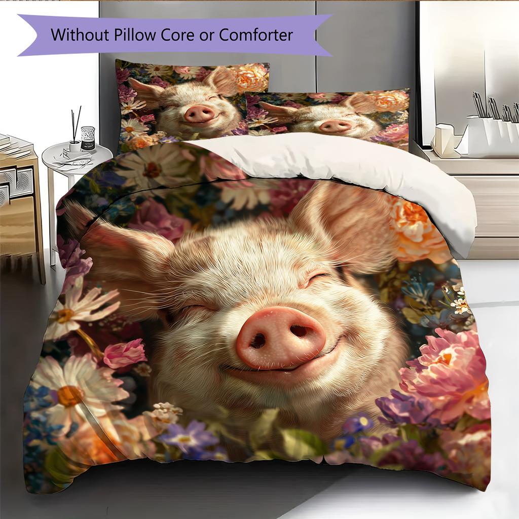 Pig and Flowers Pattern Bedding Home Decoration Birthday Gift (1 * Duvet Cover + 2 * Pillowcase, Without Core)