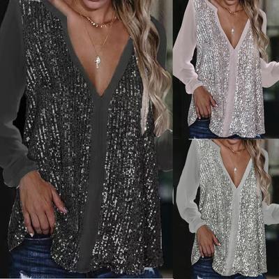 Moda casual feminina cor sólida brilhante lantejoulas costura com decote em v blusa de chiffon de manga comprida