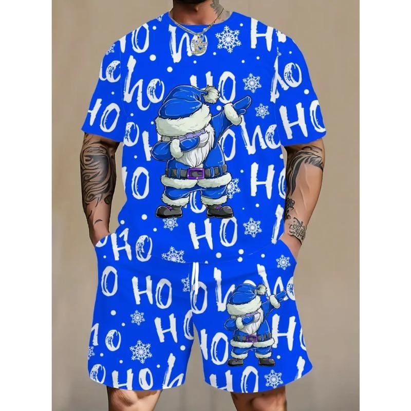 

Летняя мода с принтом на тему Санта-Клауса, свободная, удобная мужская спортивная одежда-двойка с короткими рукавами 6XL синий