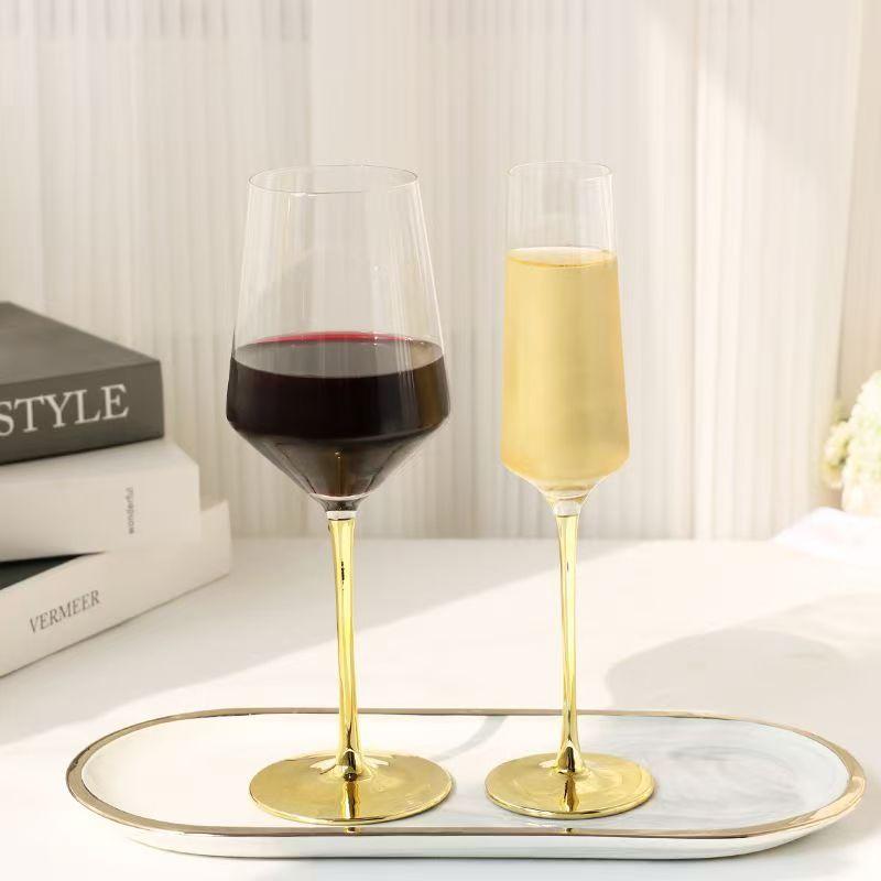 Creative Electroplated Gold Rod Crystal Red Wine Glass Champagne Whiskey Water Glasses Bright Gold Bottom Goblet Barware