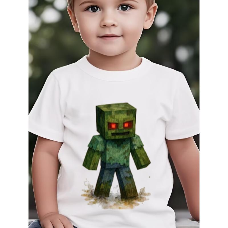 European sizes Boys' Zombie T-Shirt with Red Eye & Zombie Face Patch - Short Sleeve Round Neck Summer Outfit