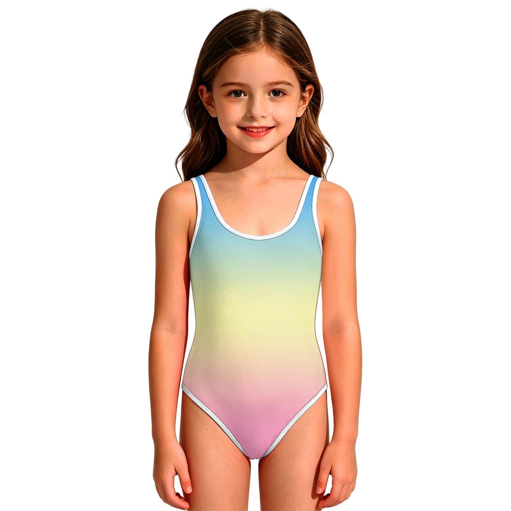 Girls One Piece Swimsuit Gradient Print Round Neck Sleeveless Swimwear Suitable for Swimming Pool Beach and Water Activities