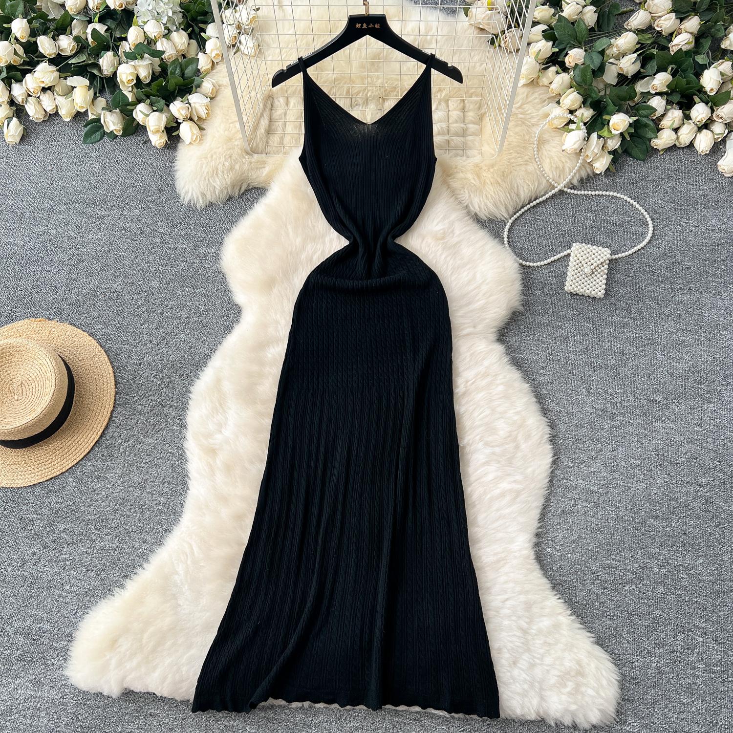 

2025 Лето Трикотажное Длинное Платье на Тонких Бретельках Для Женщин Сексуальное Платье Макси с Пакетом Бедер Элегантная Одежда Для Вечеринок Наряды One Size чёрный