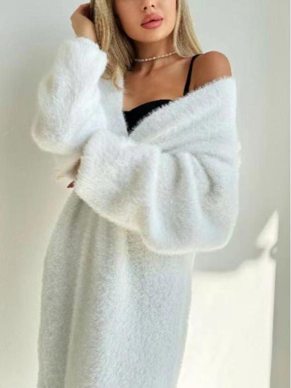Extra Long White Faux Mink Cashmere Over-the-Knee Cardigan for Women - Loose, Thick Autumn/Winter Sweater
