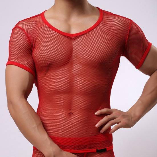 Men Tops V-Neck Short Sleeve Hollow Mesh Design Tee Shirt Solid Color Breathable Casual Style Tops Daily Wear