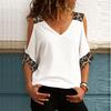Women Half Sleeve V Neck Cold Shoulder Leopard Patchwork T-shirt Blouse