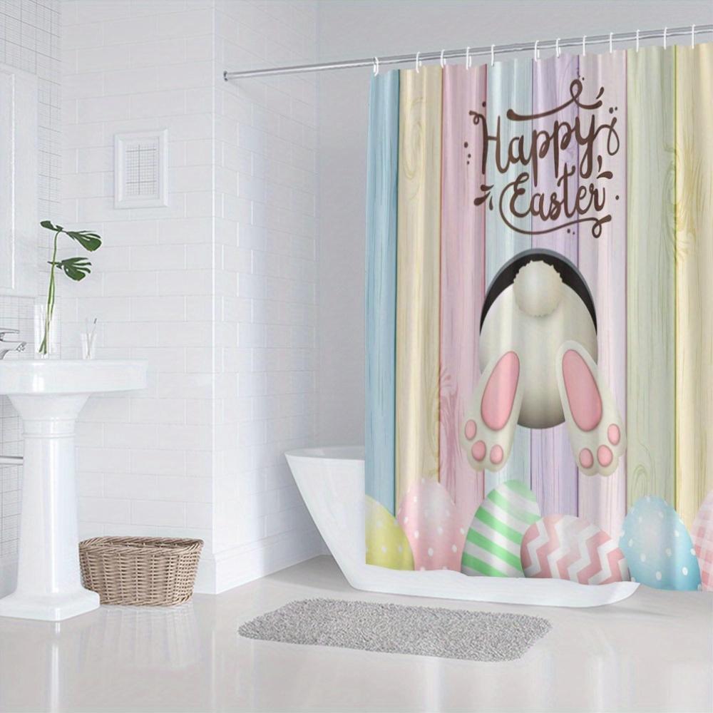 Happy Easter Shower Curtain - Bunny & Egg Print With "Happy Easter" Script, Fashion Style, Machine Washable Polyester