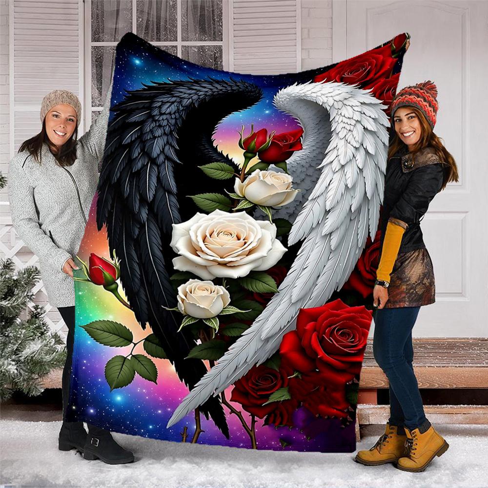 1pc Angel Wings Roses Throw Blanket Polyester Fiber, Lightweight Flannel, Soft & Warm, All Season Use for Outdoor, Camping