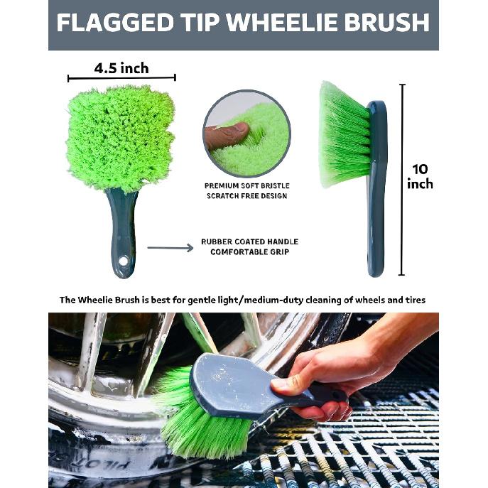 Car Wheel Cleaning Kit: Wheel And Rim Flagged Tip Brush, Bendable Barrel Brush, Wheelie Mitt, Scratch-Free Detail Brush For Rims & Tires - Durable &