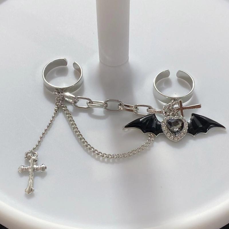 Halloween Devil Crossed Chain Rings Metal Double Finger Rings Fashion Punk Jewelry for Women Girls Ladies Accessories