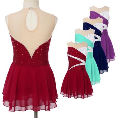 Girls Sleeveless Sequins Rhinestone Decor Patchwork Style Dress Skating Dance Gymnastic