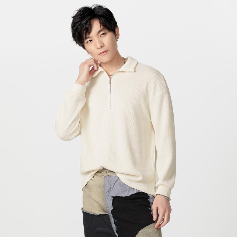 Unisex Women Men Zipper Lapel Neck Casual Loose Couple Pullovers Tops