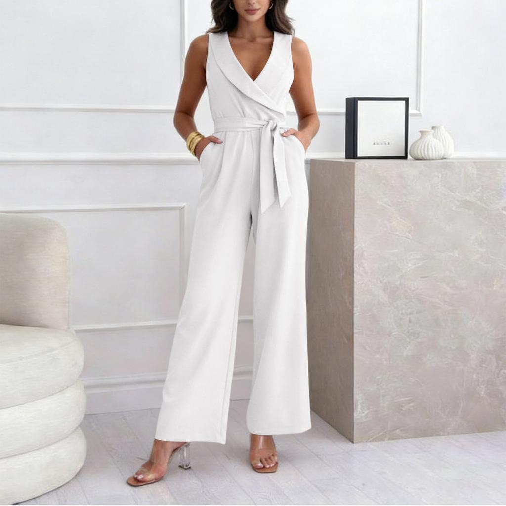 Women's Fashionable Casual High Waisted Wide Leg Tapered Jumpsuit With Tie Waist For Commuting