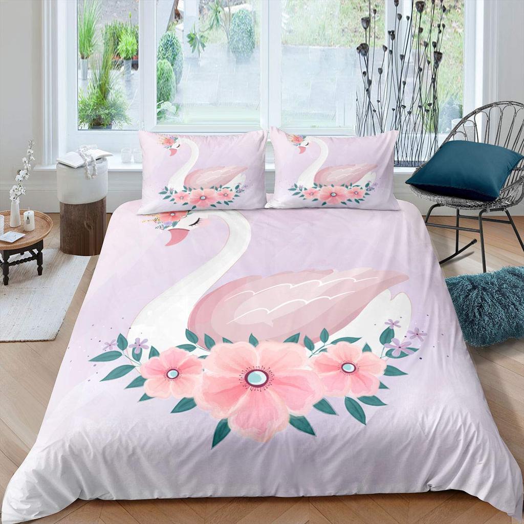 Comforter 3D White Swan Couple Love Red Floral Rose Printed Bedding Set Cute Animal Super Soft Polyester