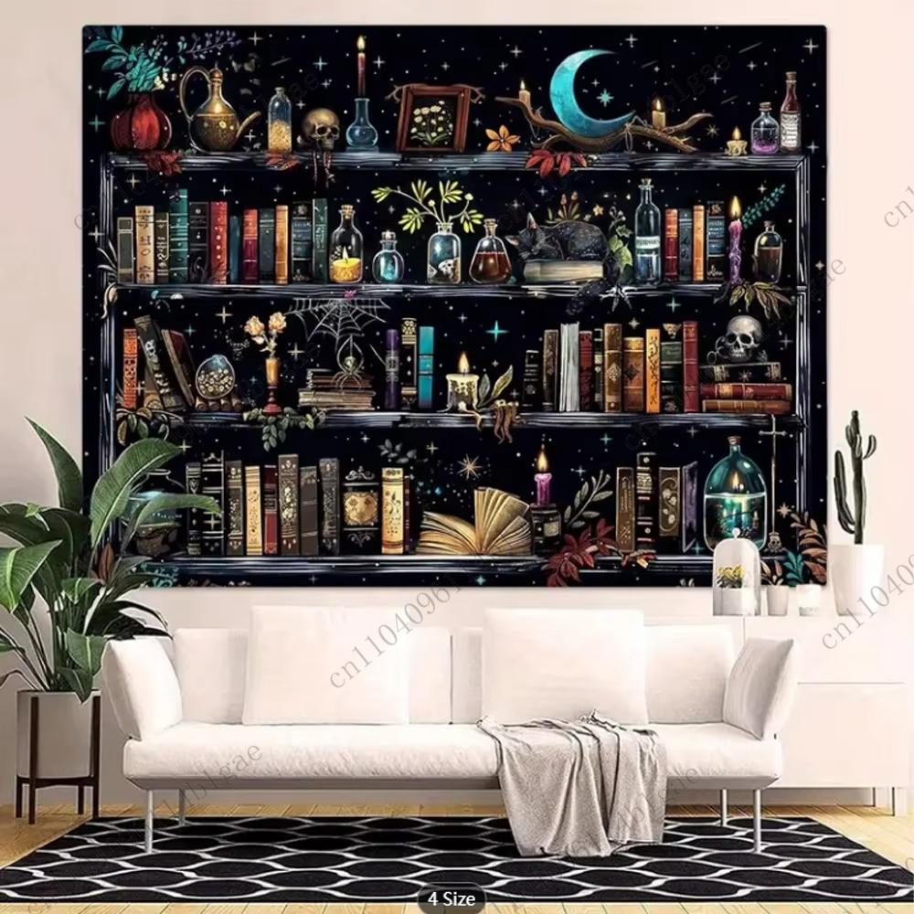 Mystic Bookshelf Tapestry Magic Library Illusion With Witchy Potions Black Cat Gothic Wall Art For Bedroom Study Hippie Gothic
