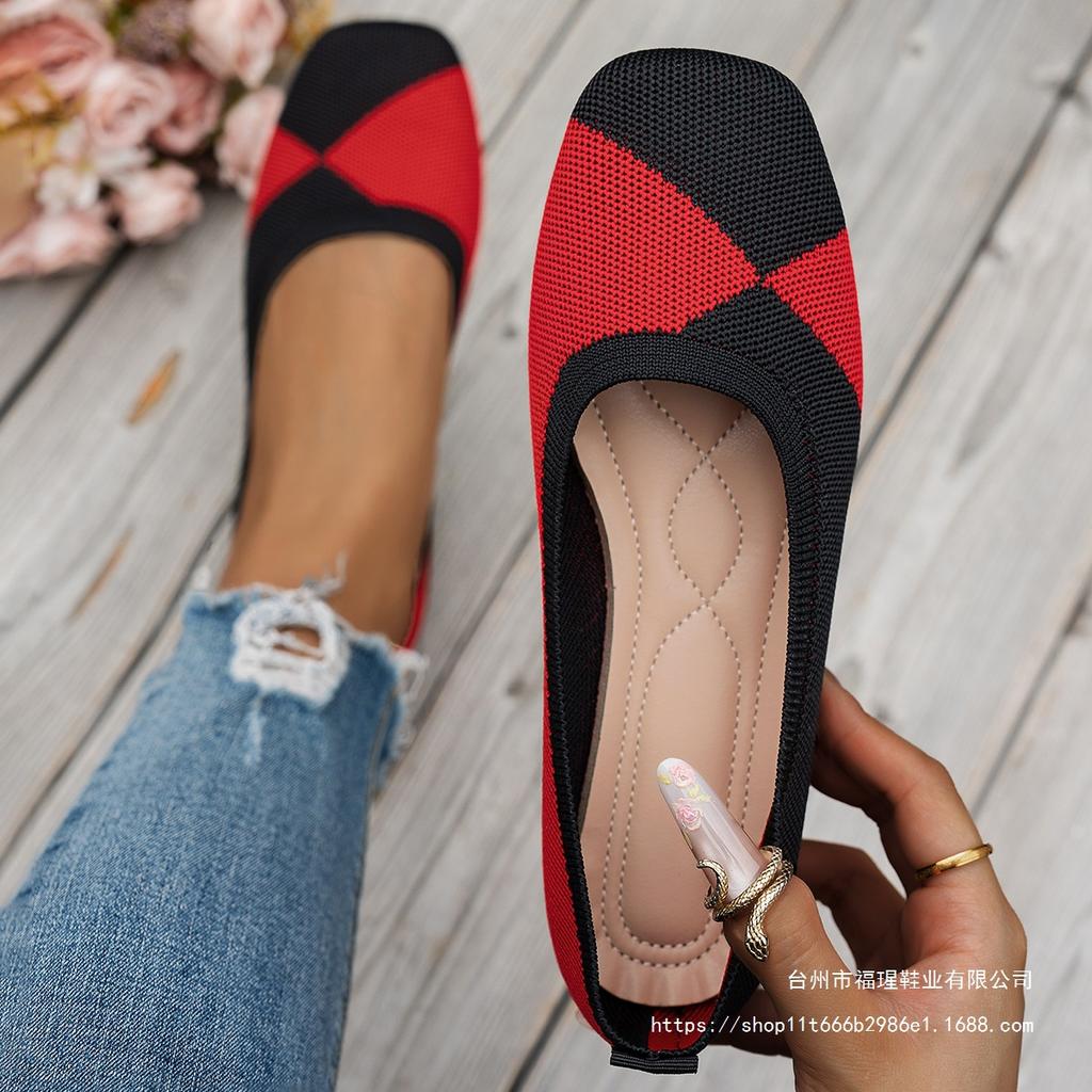 36-43 Fashion women's large-size single shoes 2025 new square head flat bottom light color matching knitted shoes