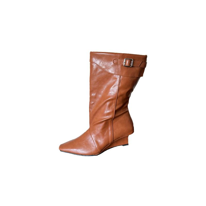 Autumn and winter new square head slope heel French fashion anti-fold belt buckle wide tube mid-tube boots