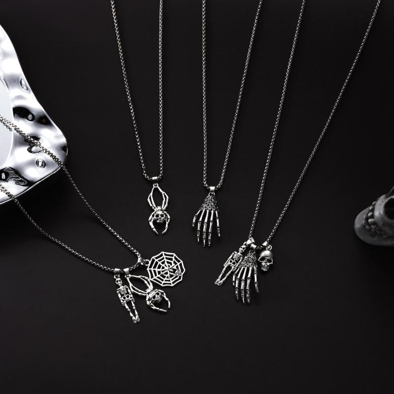 Halloweens Gothic Spiders Skull Pendant Necklace Adjustable Chain Sturdy Alloy Jewelry for Costume Parties