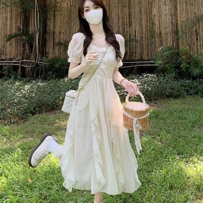 French square neck, sweet and gentle fairy-style dress for women, new summer women's clothing, waist-cinching slimming mid-length dress