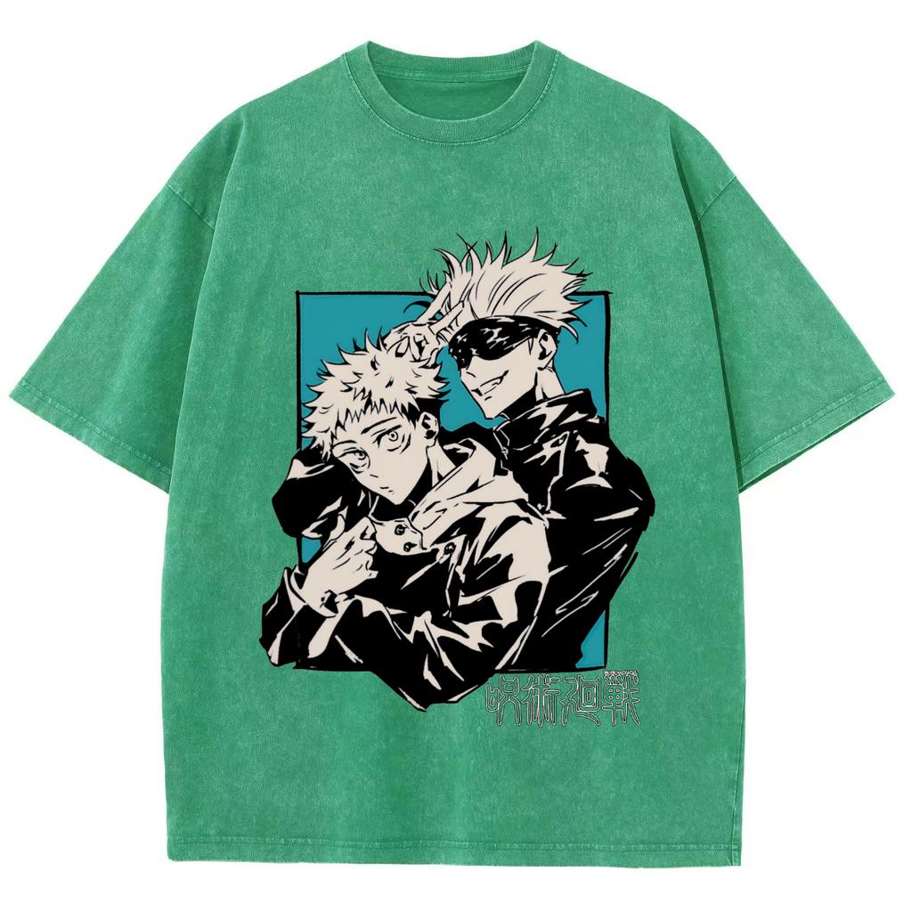 Anime Jujutsu Kaisen Satoru Gojo And Itadori Yuji Print T Shirt Men Women Y2k T-shirts Washed Cotton Tee Harajuku Male Tshirt