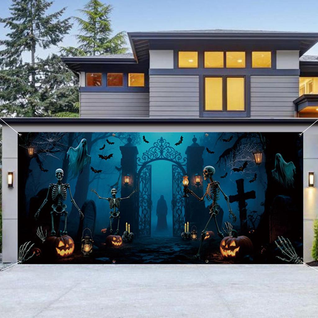 Halloween Garage Door Cover Terrifying Skull Lantern Background Banner Outdoor Waterproof Decoration Mural Backdrop Cover
