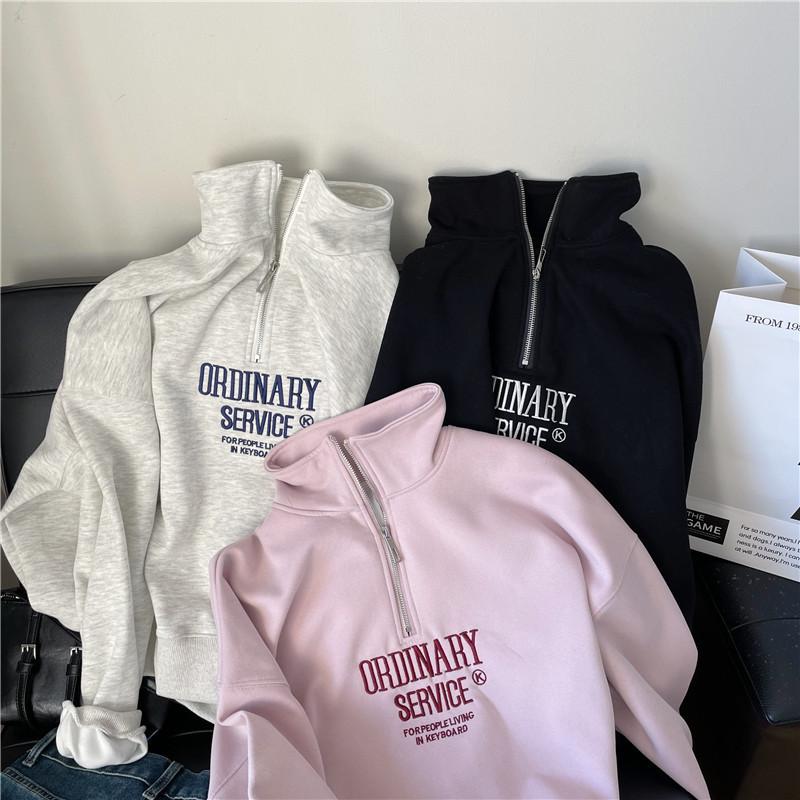 Women's Stand Collar Long Sleeve Sweatshirt Loose Fit Half Zip Pullover Letter Embroidery Casual Top