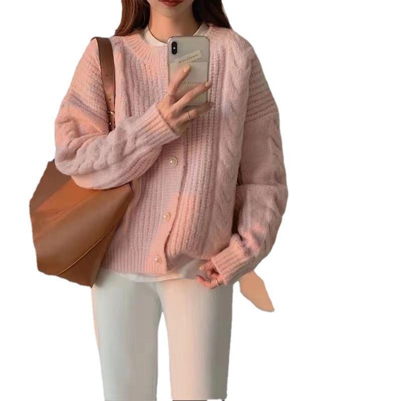 Spring and Autumn Short Twist Sweater Cardigan Women's Loose Lazy Wind Crew Neck Sweater Women's