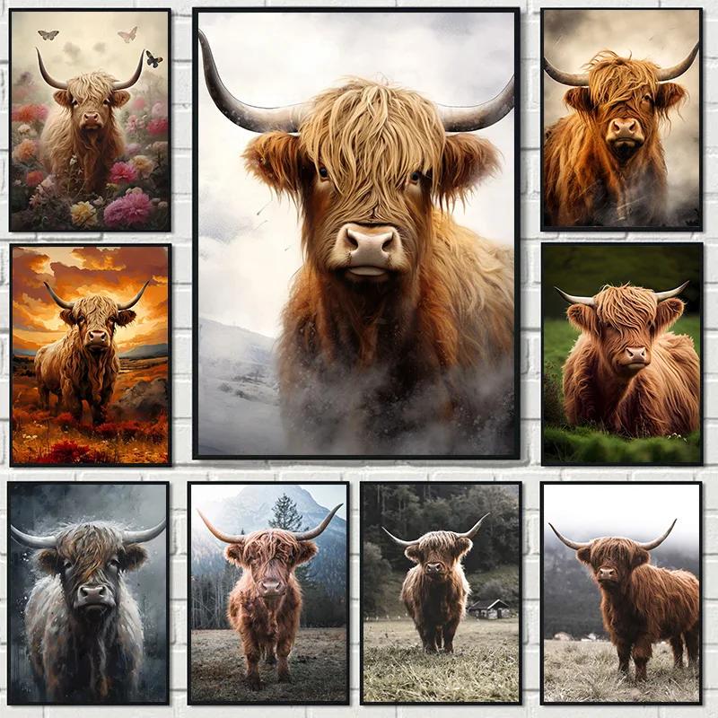 Scottish Highland Cow Wild Animal Nordic Nature Landscape Poster Canvas Painting Wall Art Pictures for Room Home Farmhouse Decor