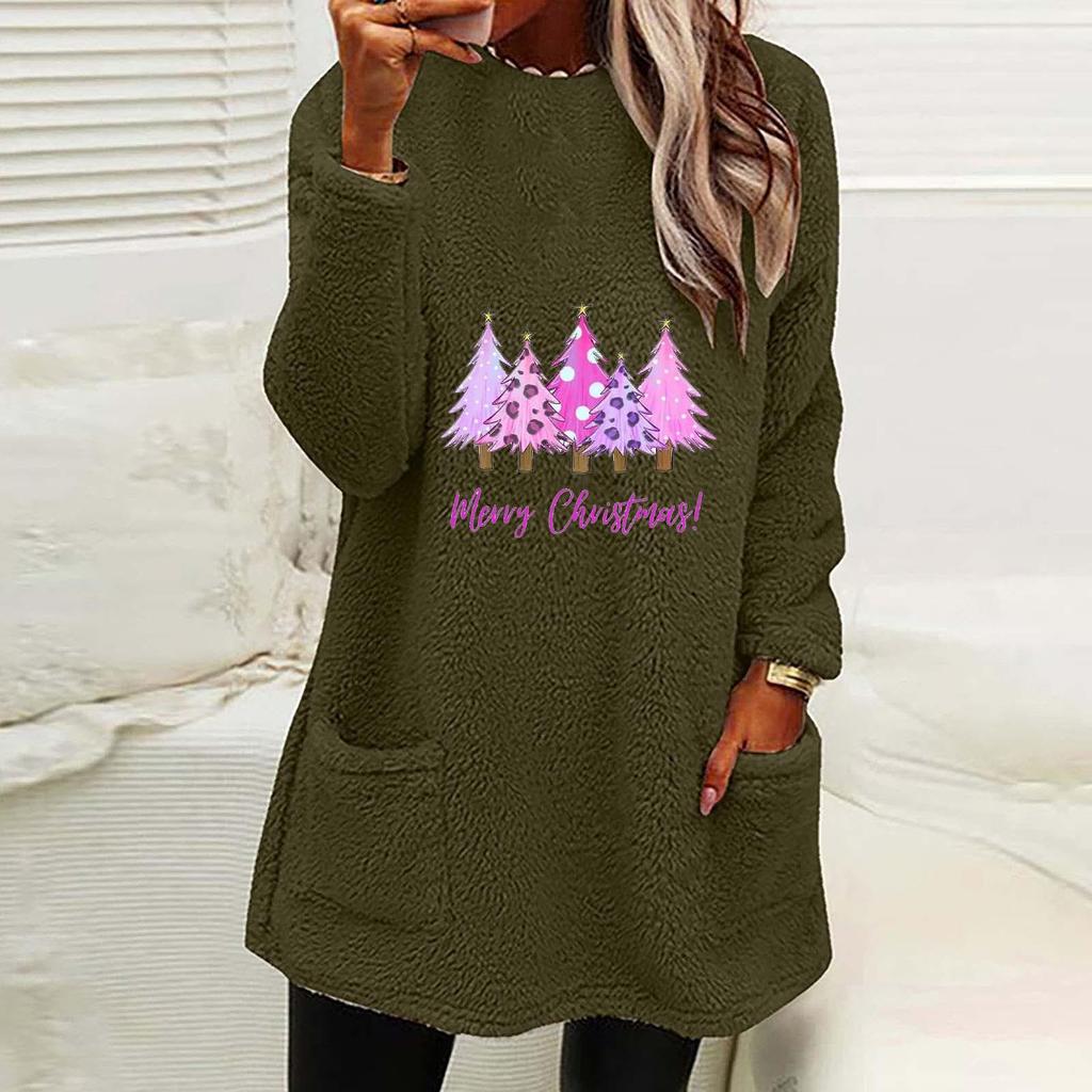 Women's Christmas Tree Print Round Neck Loose Long Sleeve Pocket Plush Hoodie