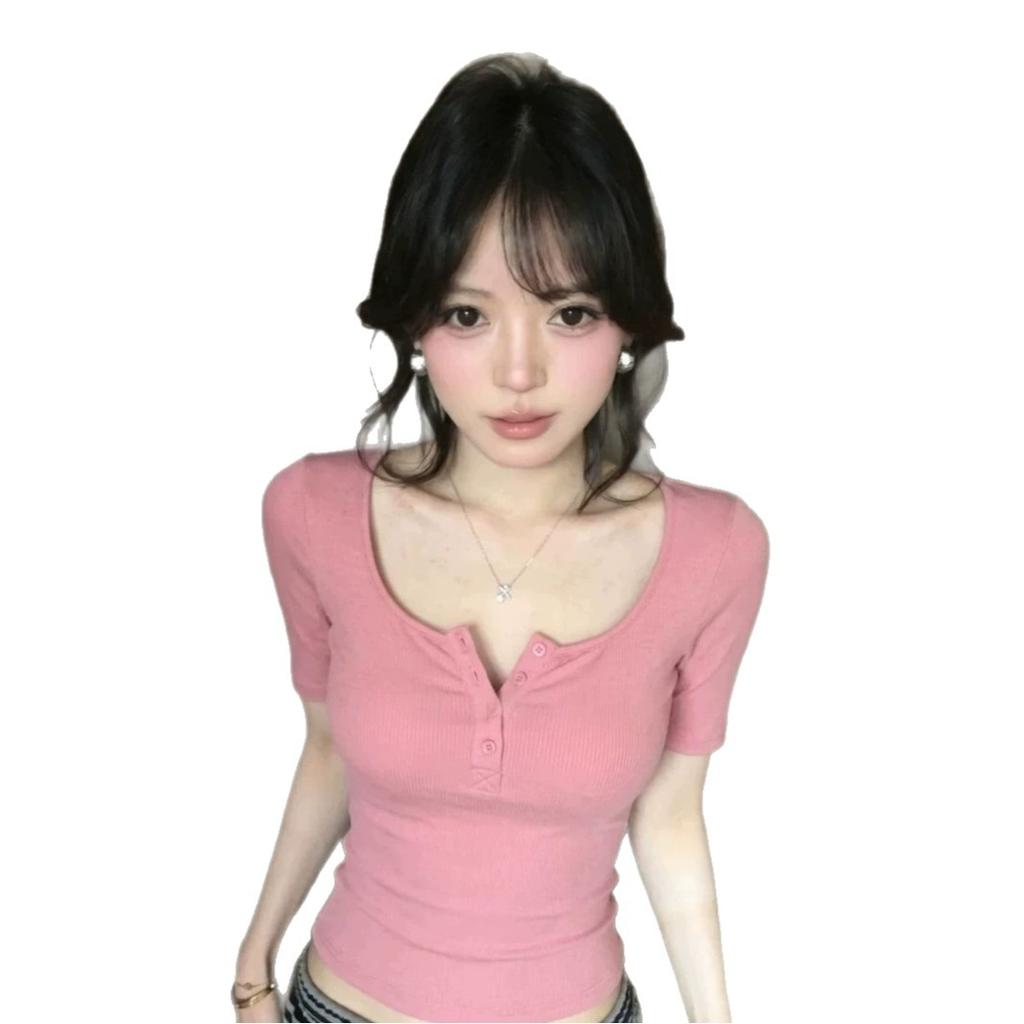 Sweet Spice Girl Pink U Button Collar Medium Sleeve T-Shirt Women's Summer New Slim Skinny White Pretty Top
