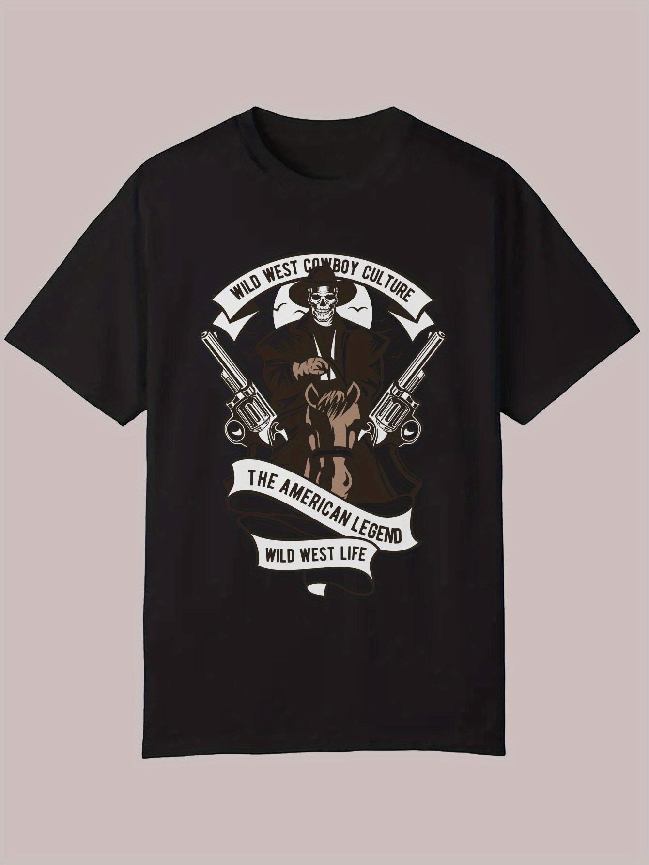 Western Graphic Print Casual T-shirt - Black Wild West Cowboy Revolver Design S