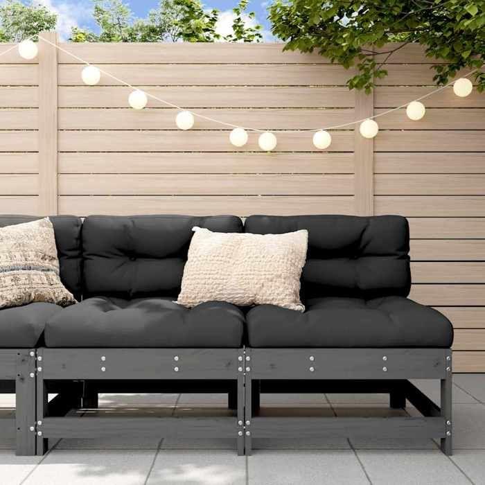 VidaXL Canapés centraux avec coussins 2 pcs gris bois de pin massif, canapé de jardin, siège de jardin, siège d'extérieur, 825578