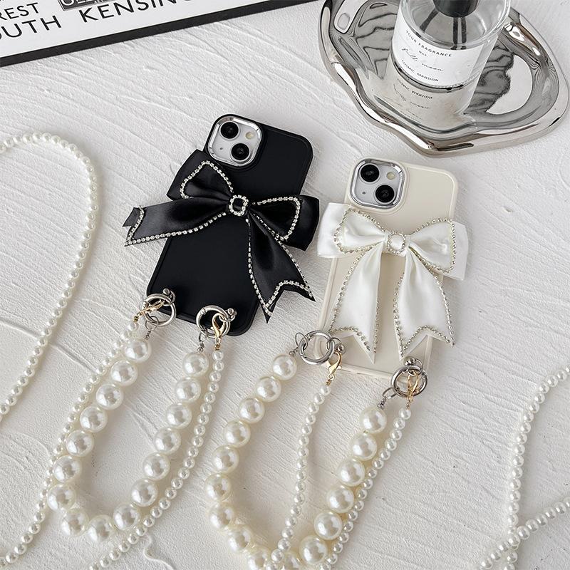 For Apple 16 Promax Solid Color Silicone Phone Case for IPhone 14 Bow 15 Pearl Hand Chain Cross Body