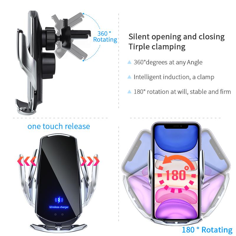 Suporte automotivo premium para celular, carregador sem fio, abertura por indução, fechamento de navegação, estrutura de fixação, suporte automático