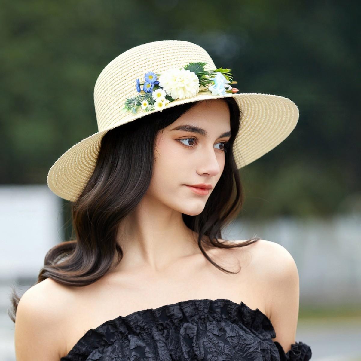 

Панама с плоскими полями, соломенная шляпа, женский отпускной козырек, шляпа-цилиндр с цветком, шляпа от солнца M（56-58cm） бежевый