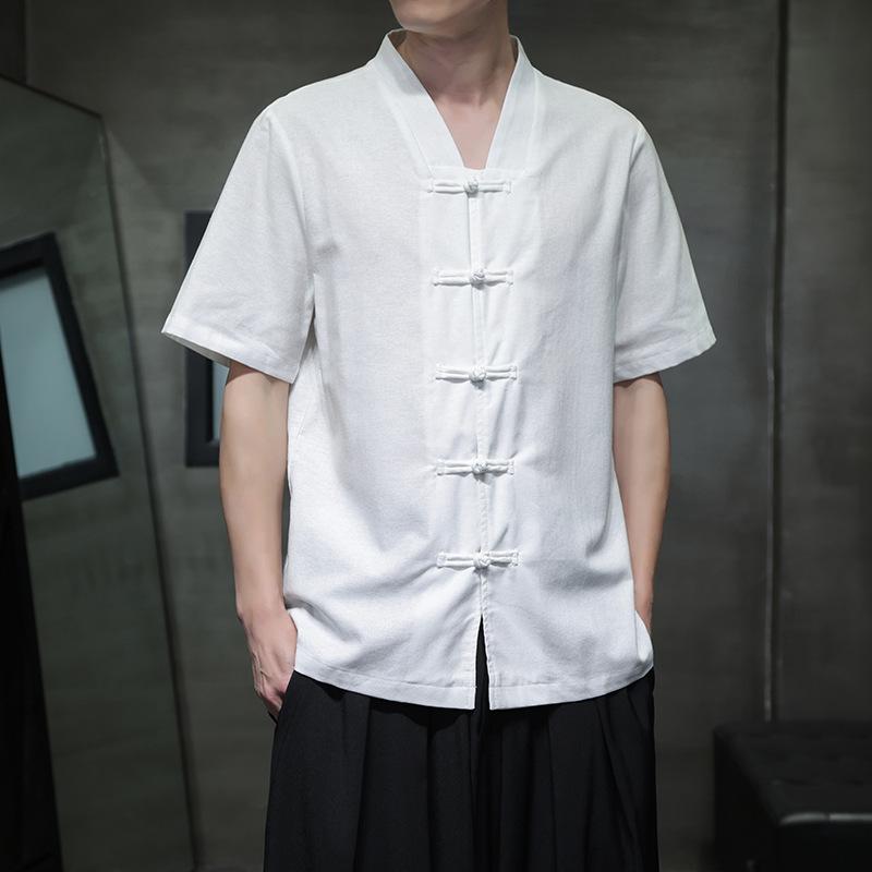 

2026 Men s Cotton & Linen Hanfu-Inspired Short-Sleeve Shirt: Chinese Style, Buttoned, Large Size, Casual M белый
