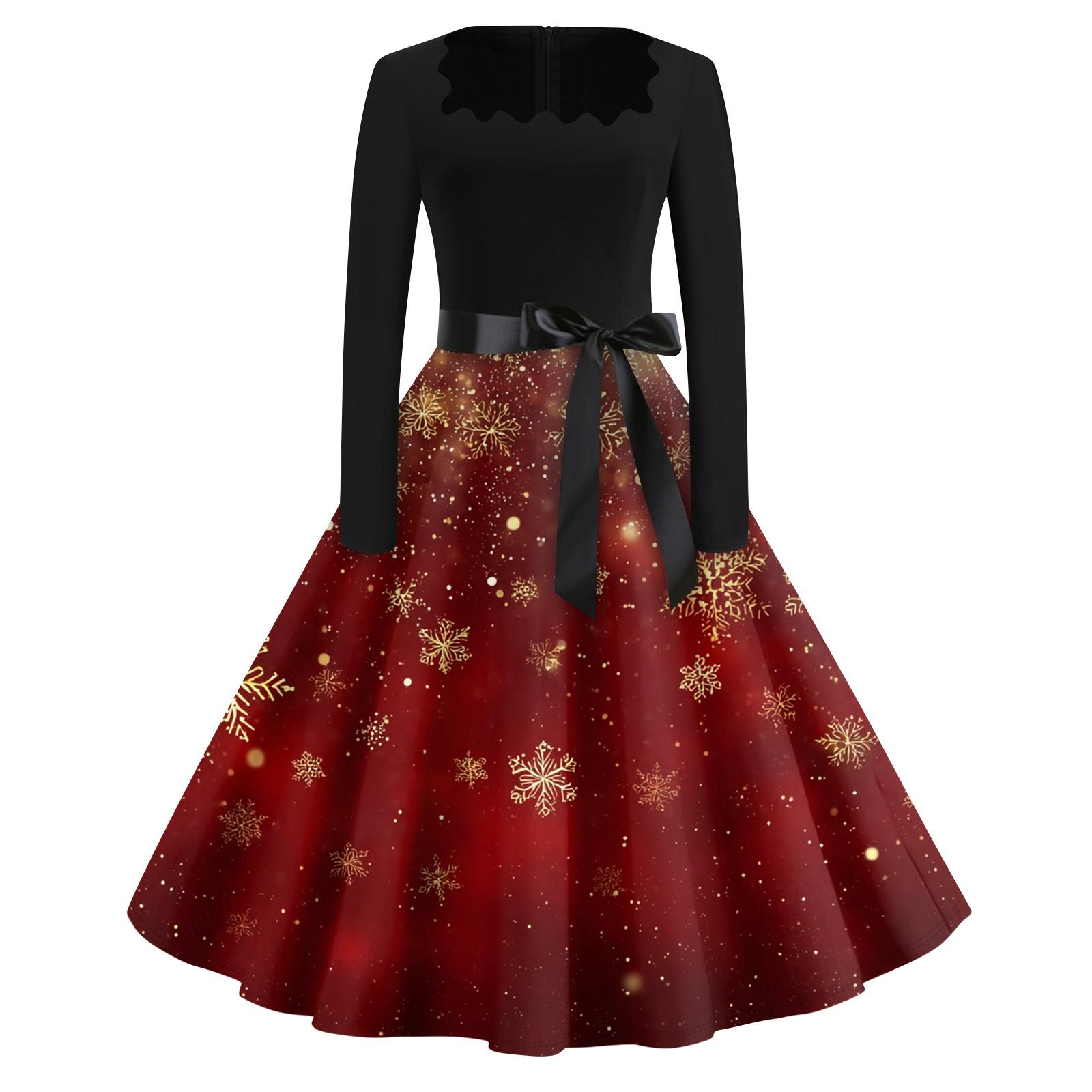 

Рождественский принт расклешенное платье для женщин платье с длинным рукавом ажурное вечернее повседневное платье с квадратным воротником XXL