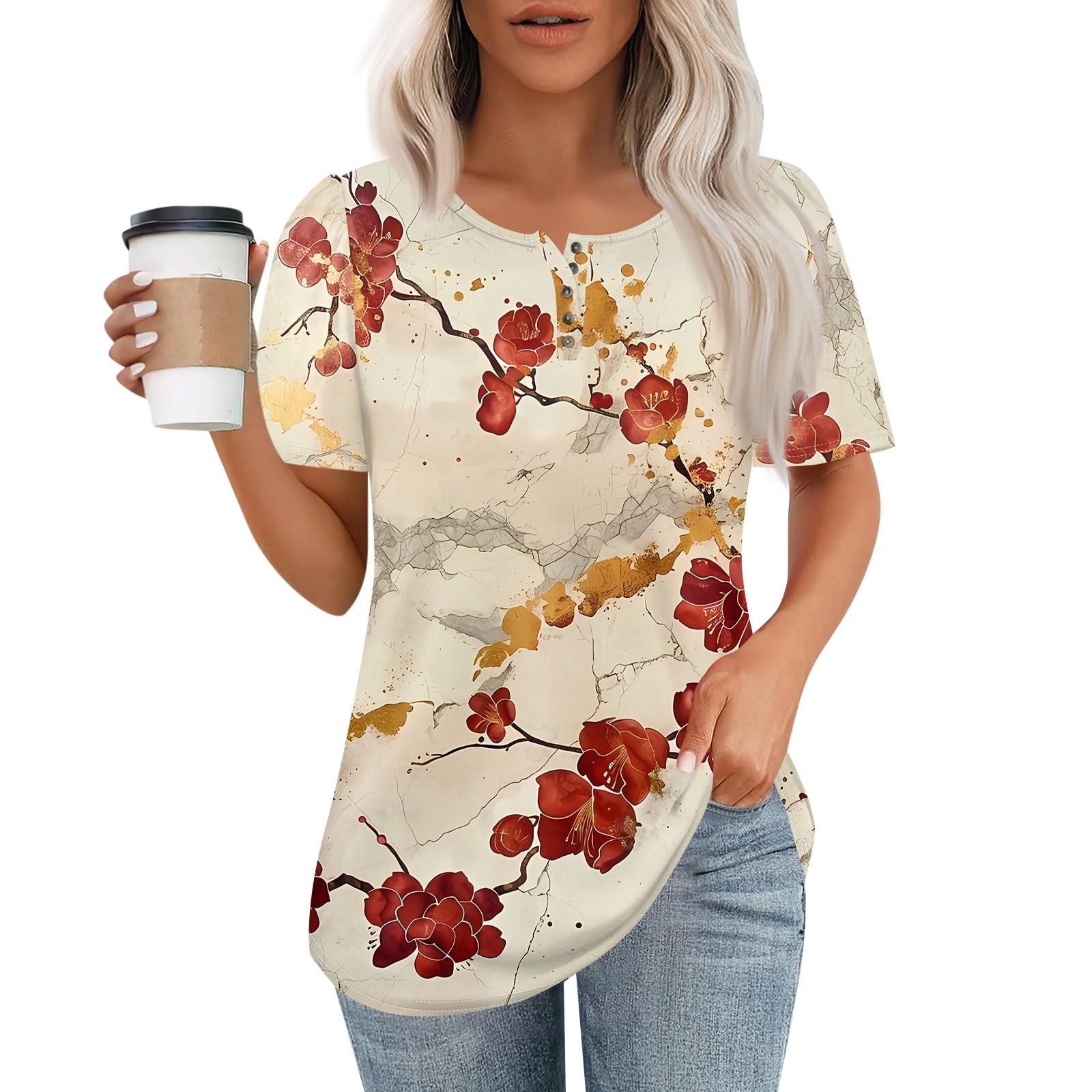 

Женский модный повседневный короткий рукав пуловер с принтом на пуговицах и круглым вырезом XXL красный