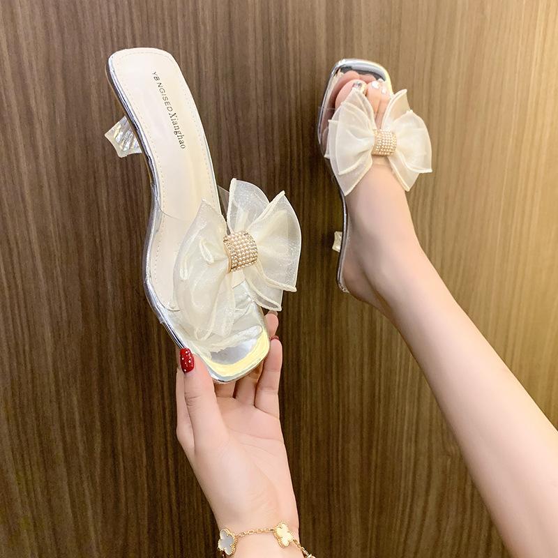 2025 New Slippers Female Transparent Bow Summer New Sexy Fairy Style High Heels Sandals Stiletto Heel Spot