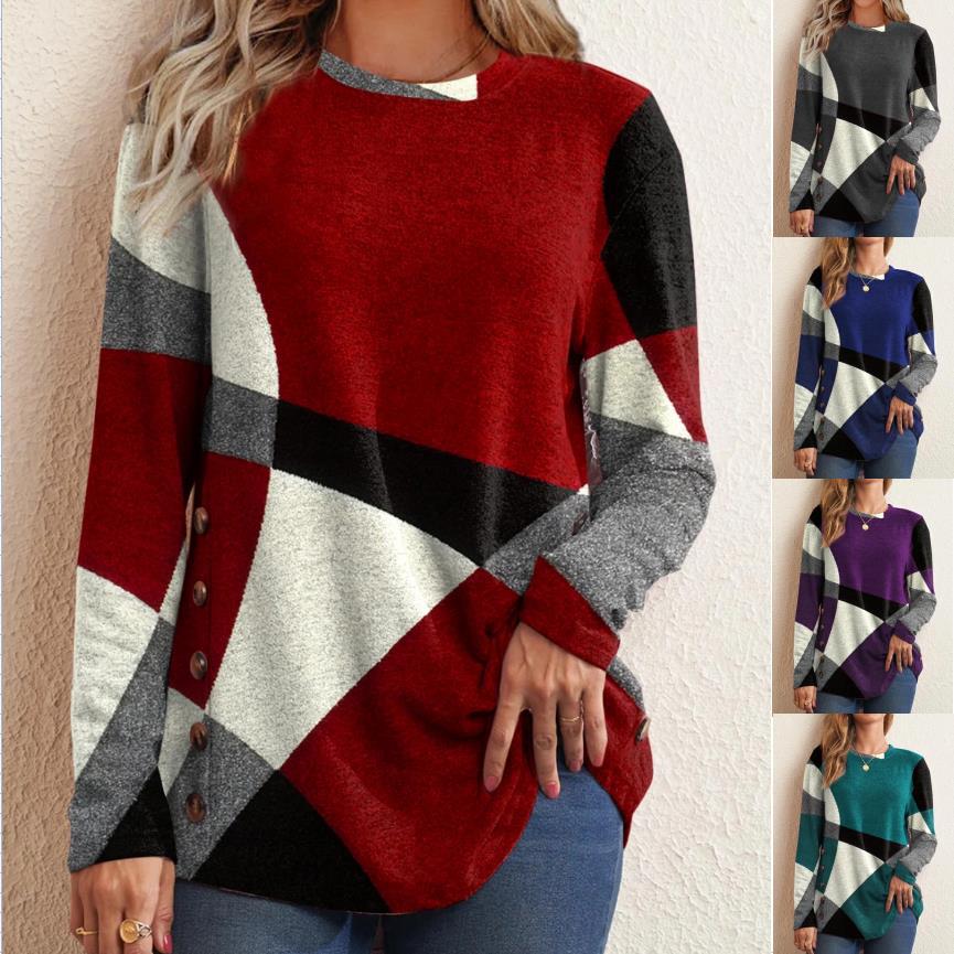 Button Up Geometric Clash Long Sleeve Print Loose T-shirt Women's Top