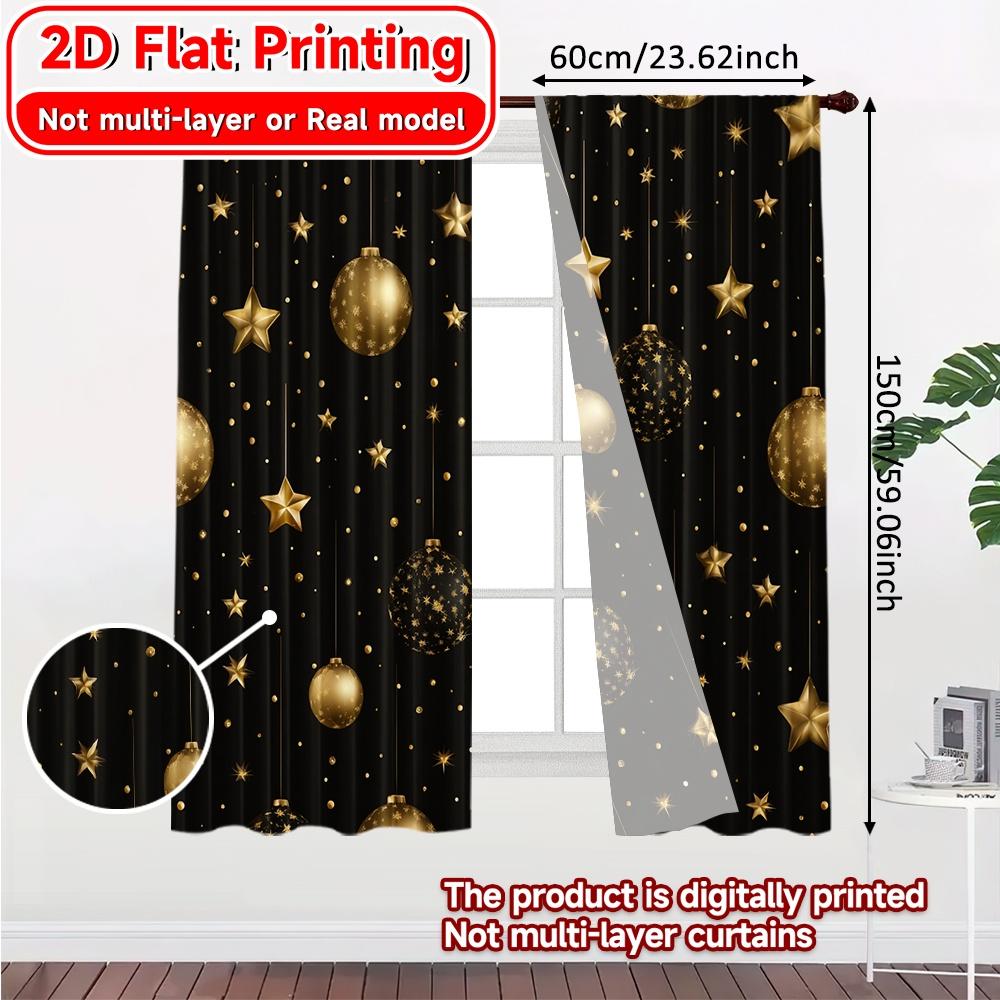 Set Of 2 Modern Flat Printing Golden New Year Curtains Polyester Decorations Perfect Curtain Semi Sheer